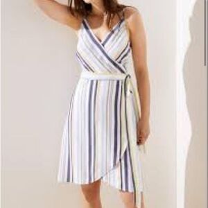 NWT Striped Loft Wrap Mini Dress Size 6 100% Rayon white blue and yellow stripes